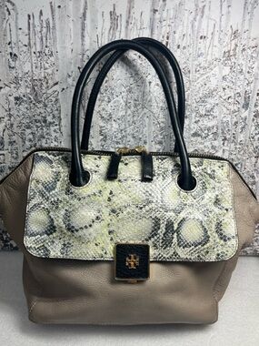 Tory Burch Cream and Gray Leather Satchel Structured Design Snakeskin Embossed